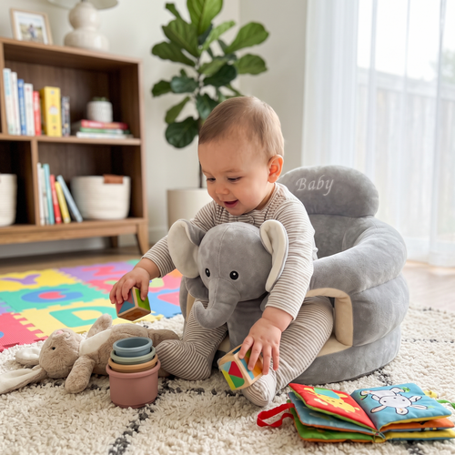 Baby playing with blocks in the Sweet Sleep Essential Baby Lounger on a rug