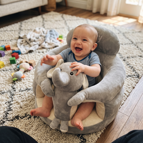 Laughing baby in the Sweet Sleep Essential Baby Lounger on a patterned rug