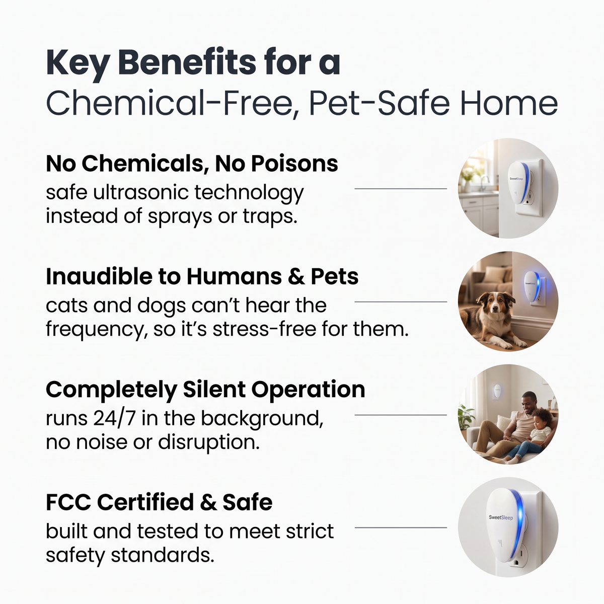 Grid overview of the PestPro ultrasonic pest repeller in different rooms