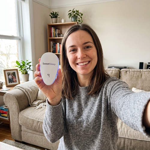 Woman holding a PestPro ultrasonic pest repeller in a living room