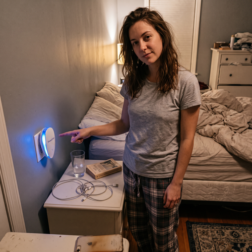 Person gesturing at a PestPro ultrasonic pest repeller in a bedroom