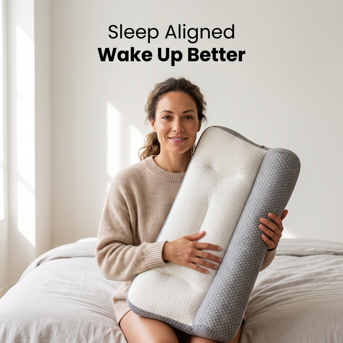 Woman holding a Sweet Sleep Cervical Contour Pillow with the headline Sleep Aligned Wake Up Better