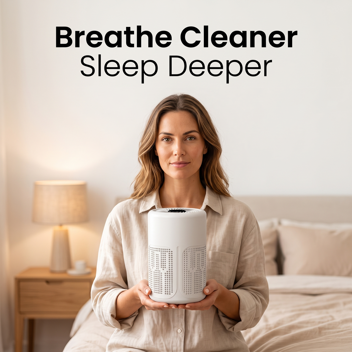 Woman holding the Sweet Sleep desktop air purifier in a bedroom