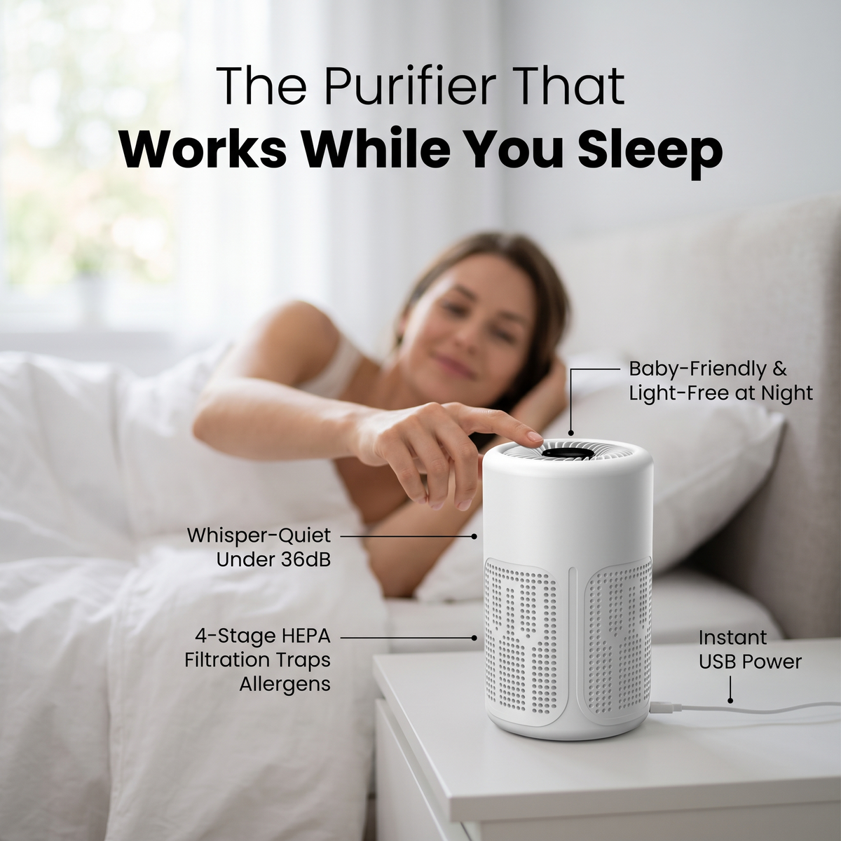 Sweet Sleep desktop air purifier on a nightstand next to the bed