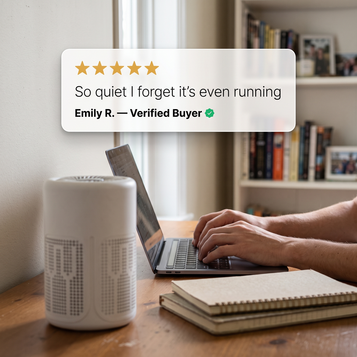 Sweet Sleep desktop air purifier on a desk next to a laptop