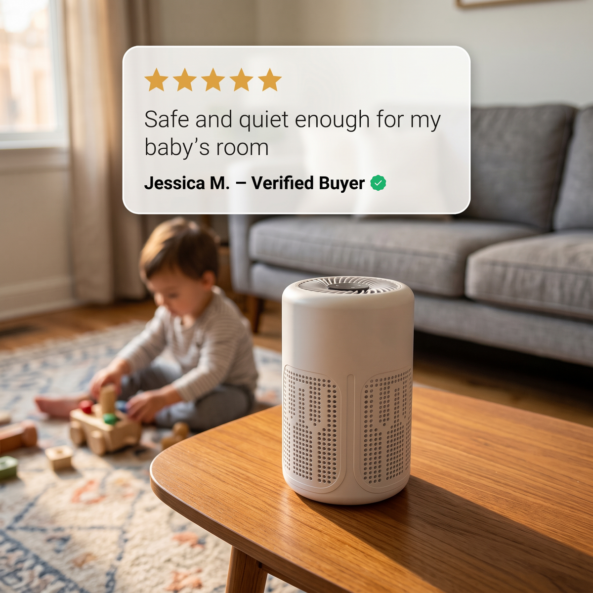 Sweet Sleep desktop air purifier on a coffee table