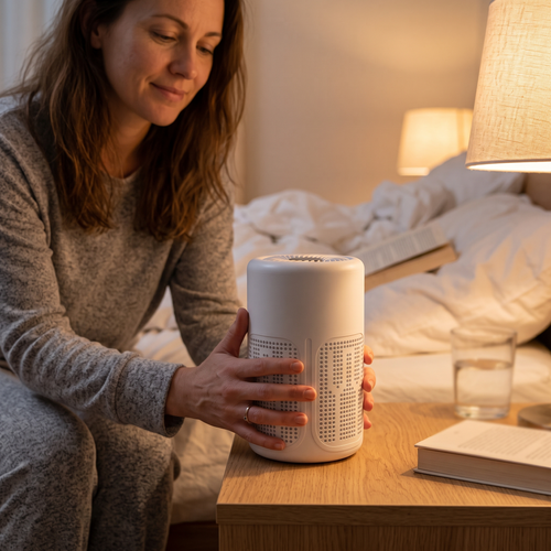 Woman placing the Sweet Sleep desktop air purifier on a nightstand