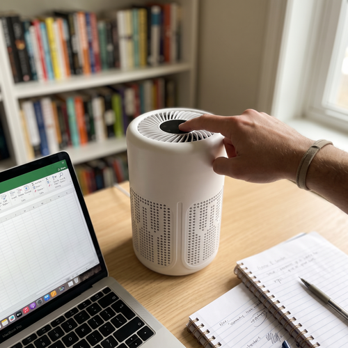 Hand pressing the button of the Sweet Sleep desktop air purifier on a desk