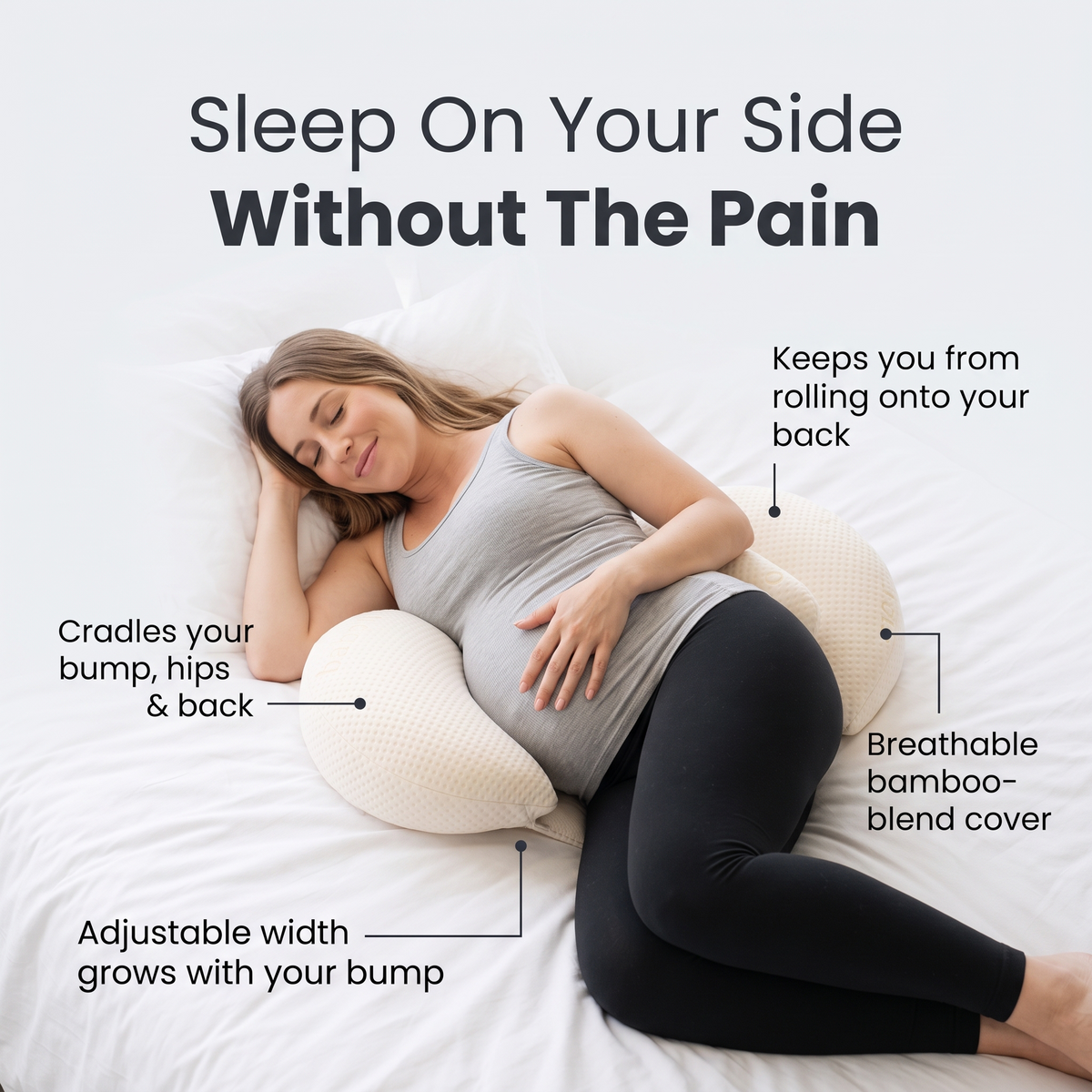 Pregnant woman on her side with Bub's Maternity Pillow and feature callouts