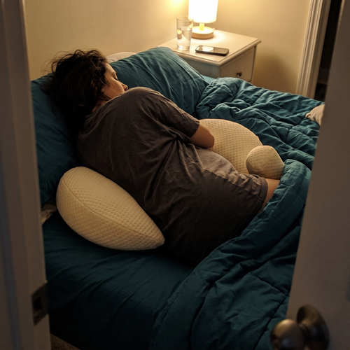 Woman sleeping on her side with Bub's Maternity Pillow in a dim bedroom