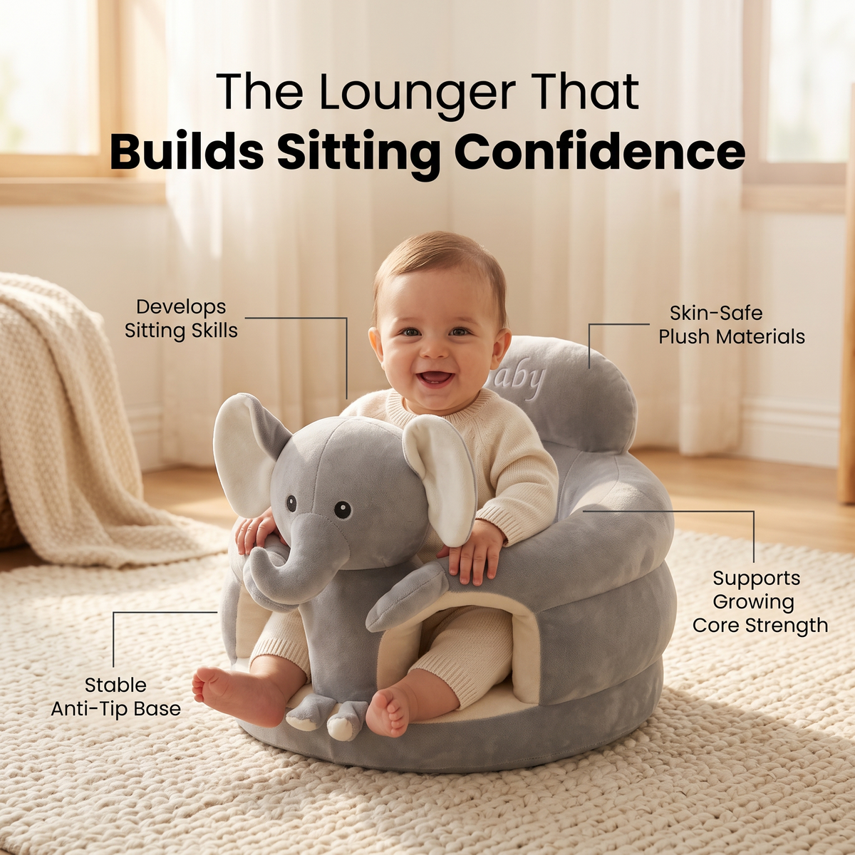 Smiling baby in the Sweet Sleep Essential Baby Lounger elephant with feature callouts
