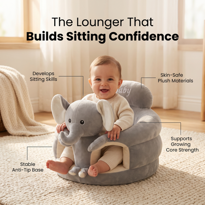 Smiling baby in the Sweet Sleep Essential Baby Lounger elephant with feature callouts