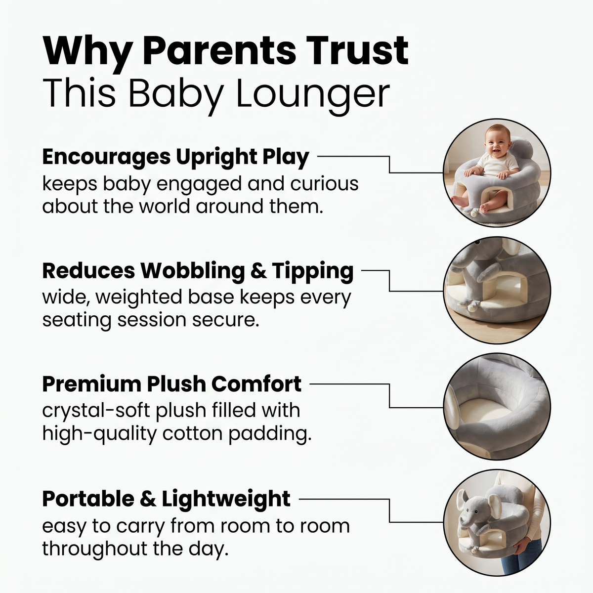 Sweet Sleep Essential Baby Lounger features: upright play, wide base, plush comfort, portable