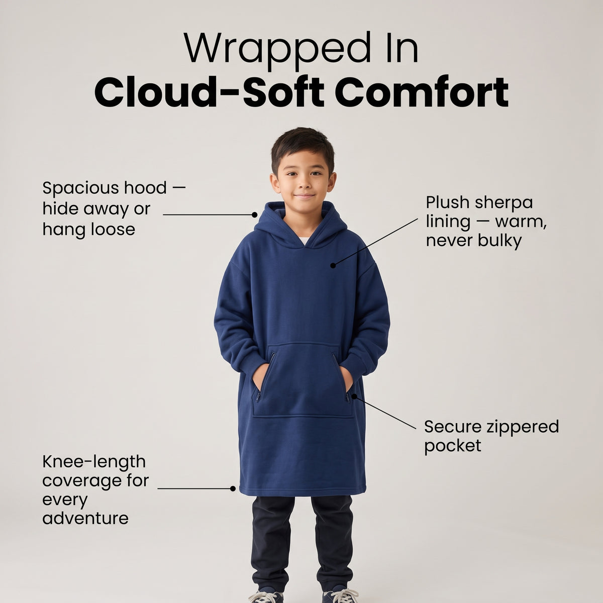 Boy wearing the Sweet Sleep Kids Hug Hoodie with feature callouts