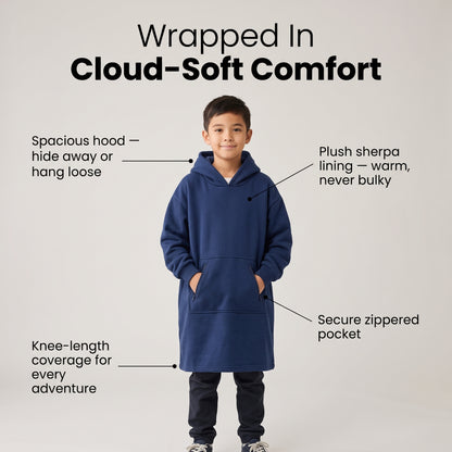 Boy wearing the Sweet Sleep Kids Hug Hoodie with feature callouts