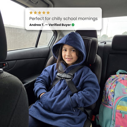 Girl wearing the Sweet Sleep Kids Hug Hoodie in a car seat