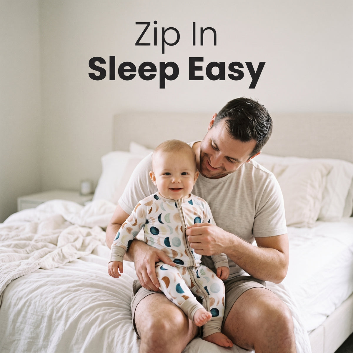 Dad on a bed holding a baby in the Luna Neutral Zippy zip footie