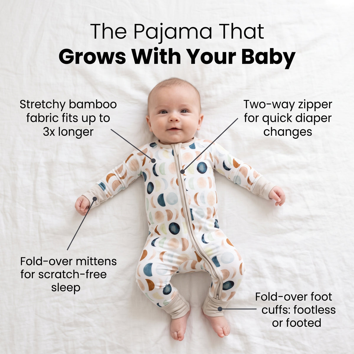 Baby lying on a bed in the Luna Neutral Zippy footie with feature callouts