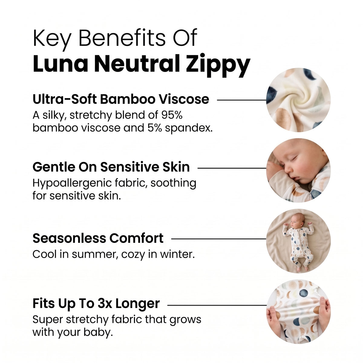 Sweet Sleep Luna Neutral Zippy key features in a four-card grid