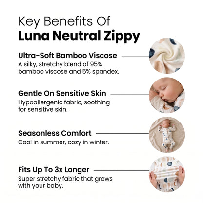 Sweet Sleep Luna Neutral Zippy key features in a four-card grid