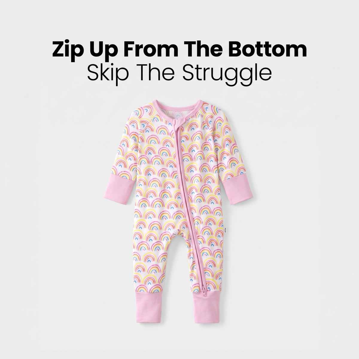 Sweet Sleep Pastel Rainbows Zippy footie pajamas with bottom-up zipper on a light background