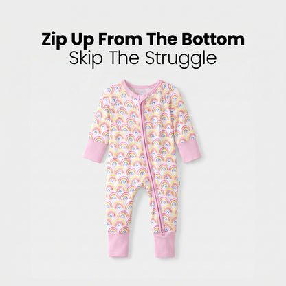 Sweet Sleep Pastel Rainbows Zippy footie pajamas with bottom-up zipper on a light background