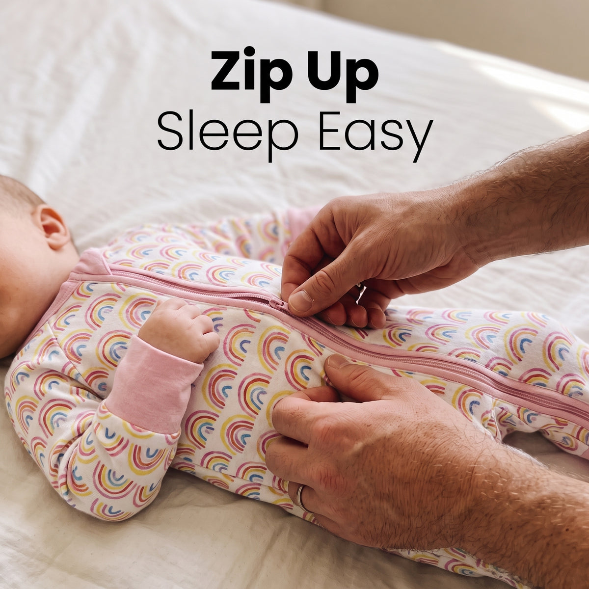 Parent zipping up a baby in the Sweet Sleep Pastel Rainbows Zippy footie on a bed