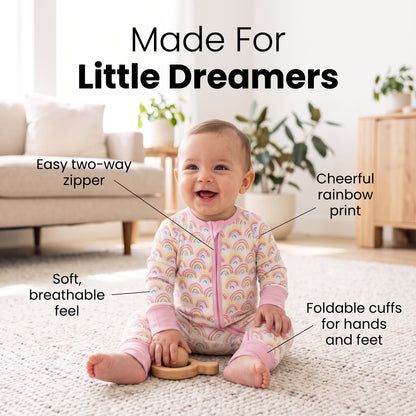 Smiling baby sitting in the Sweet Sleep Pastel Rainbows Zippy with two-way zipper and foldable cuffs