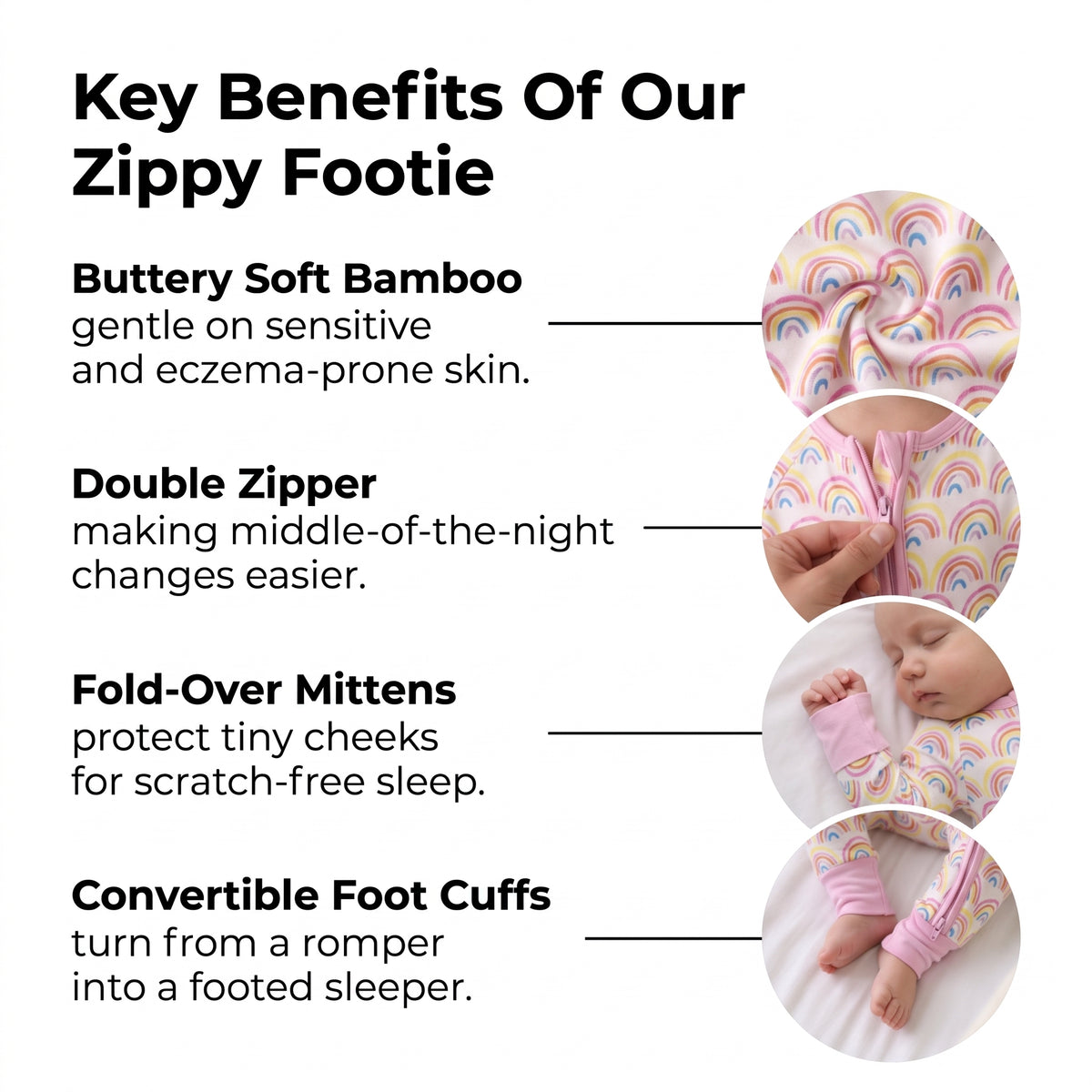 Key benefits of the Sweet Sleep Pastel Rainbows Zippy footie: soft fabric, double zipper, mittens, foot cuffs