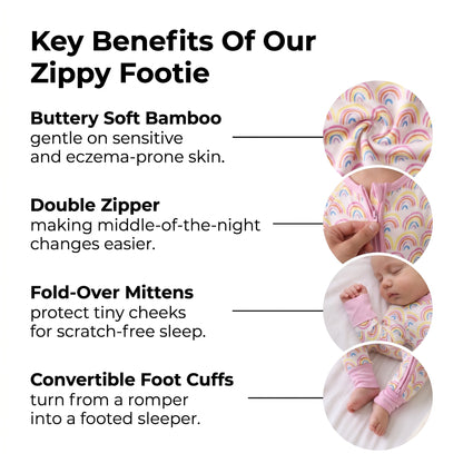 Key benefits of the Sweet Sleep Pastel Rainbows Zippy footie: soft fabric, double zipper, mittens, foot cuffs