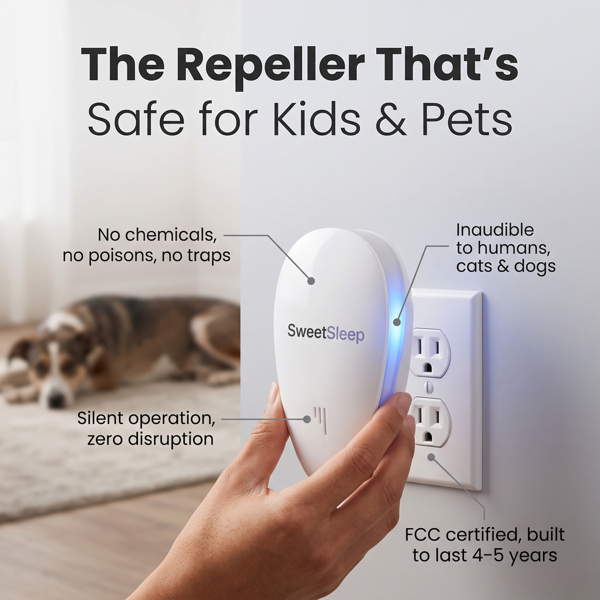 PestPro ultrasonic pest repeller plugged into a wall outlet, feature callouts