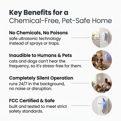 Grid overview of the PestPro ultrasonic pest repeller in different rooms