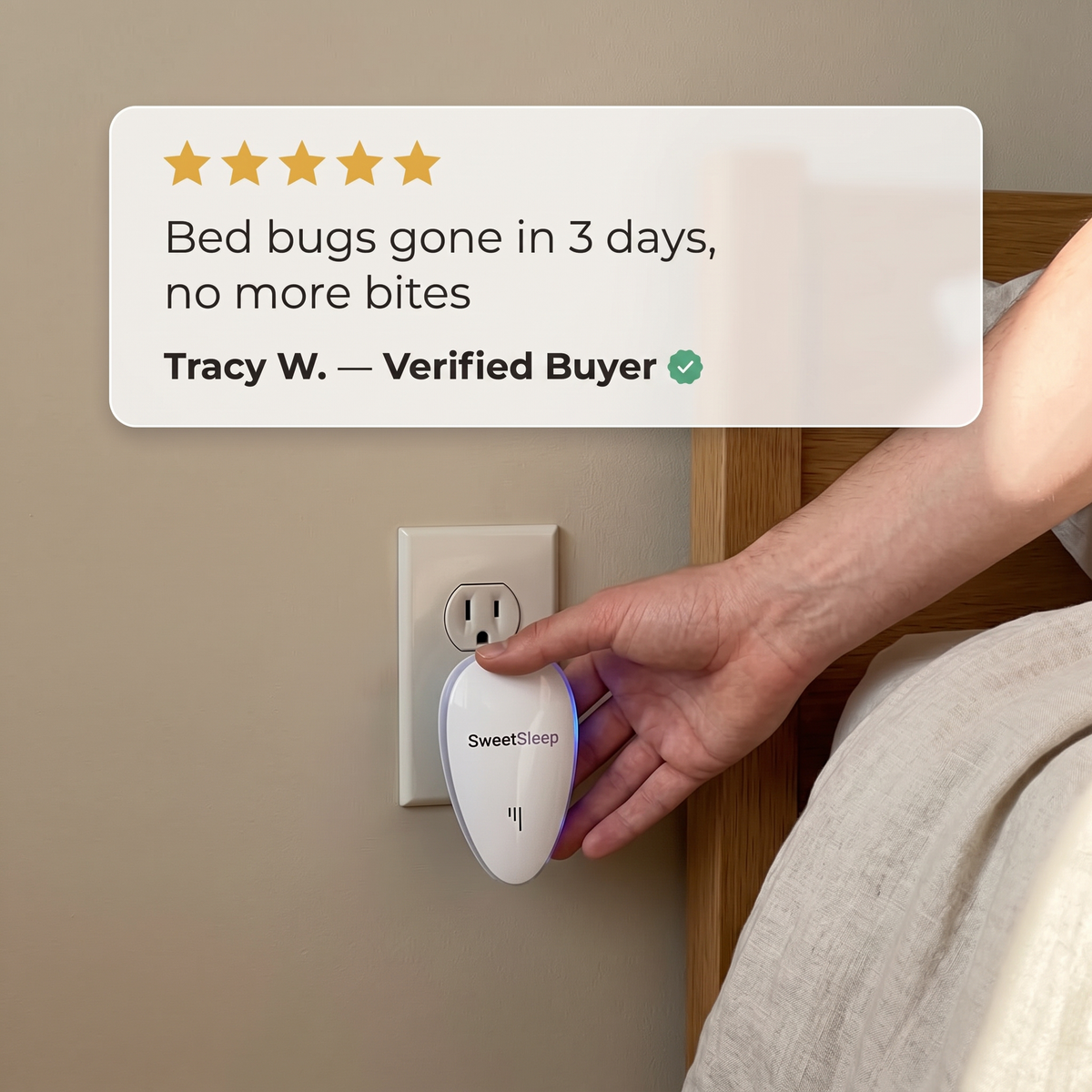 PestPro ultrasonic pest repeller plugged in beside a bed