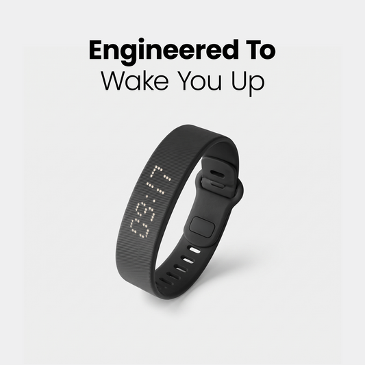 Sweet Sleep Premium Wrist Alarm black silicone band showing the time