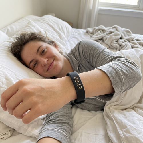 Woman in bed reaching out wearing the Sweet Sleep Premium Wrist Alarm