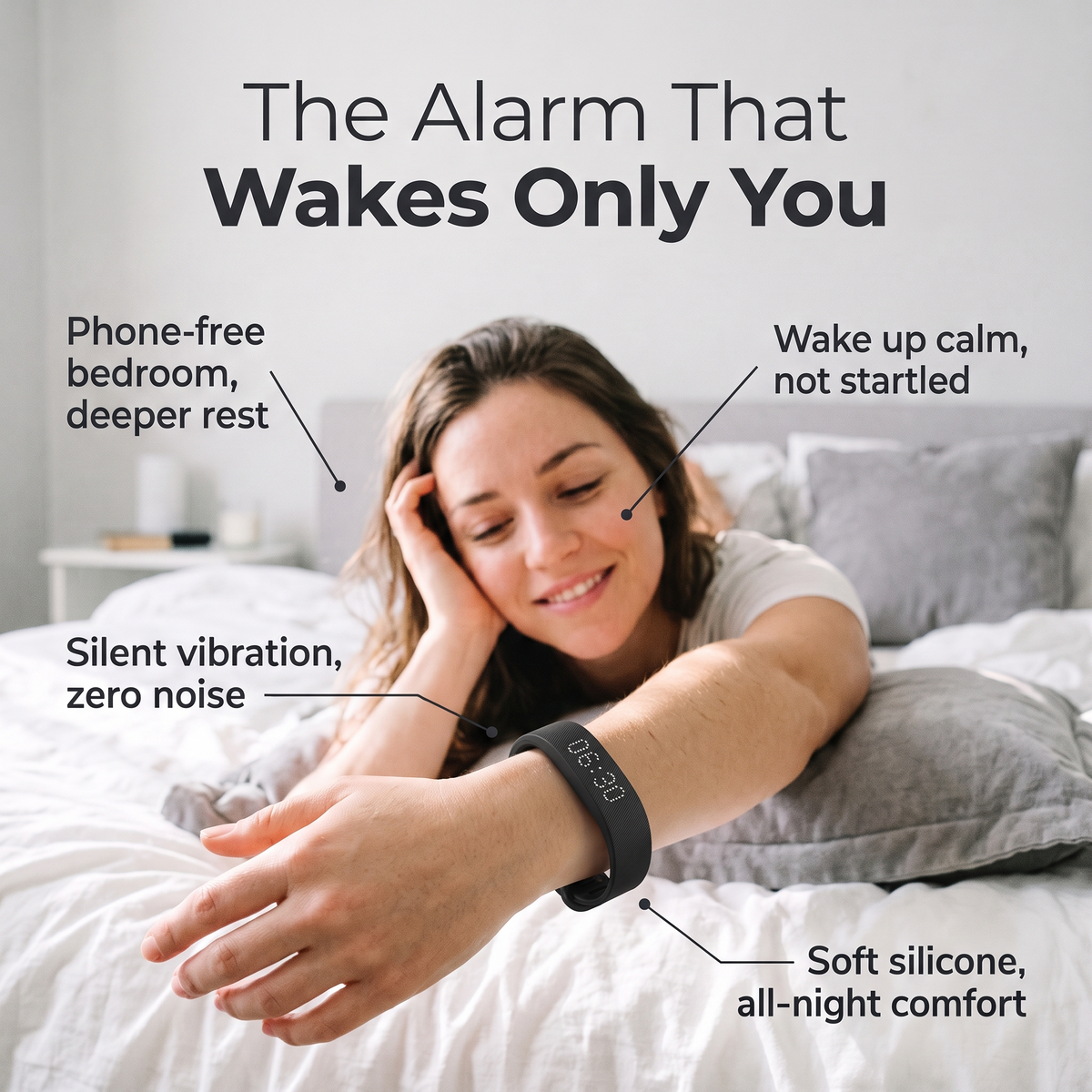 Woman lying in bed wearing the Sweet Sleep Premium Wrist Alarm with feature callouts