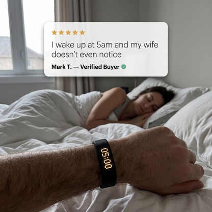 Man wearing the Sweet Sleep Premium Wrist Alarm while a person sleeps beside him