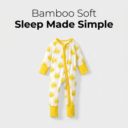 Sweet Sleep Sunshine Zippy baby footie pajamas with yellow sun print and 2-way zipper