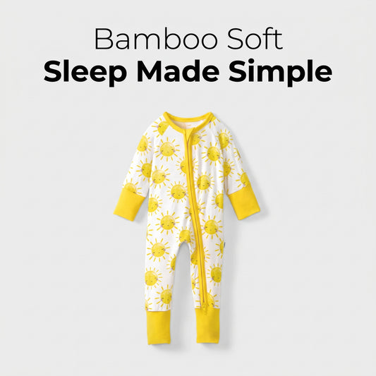 Sweet Sleep Sunshine Zippy baby footie pajamas with yellow sun print and 2-way zipper