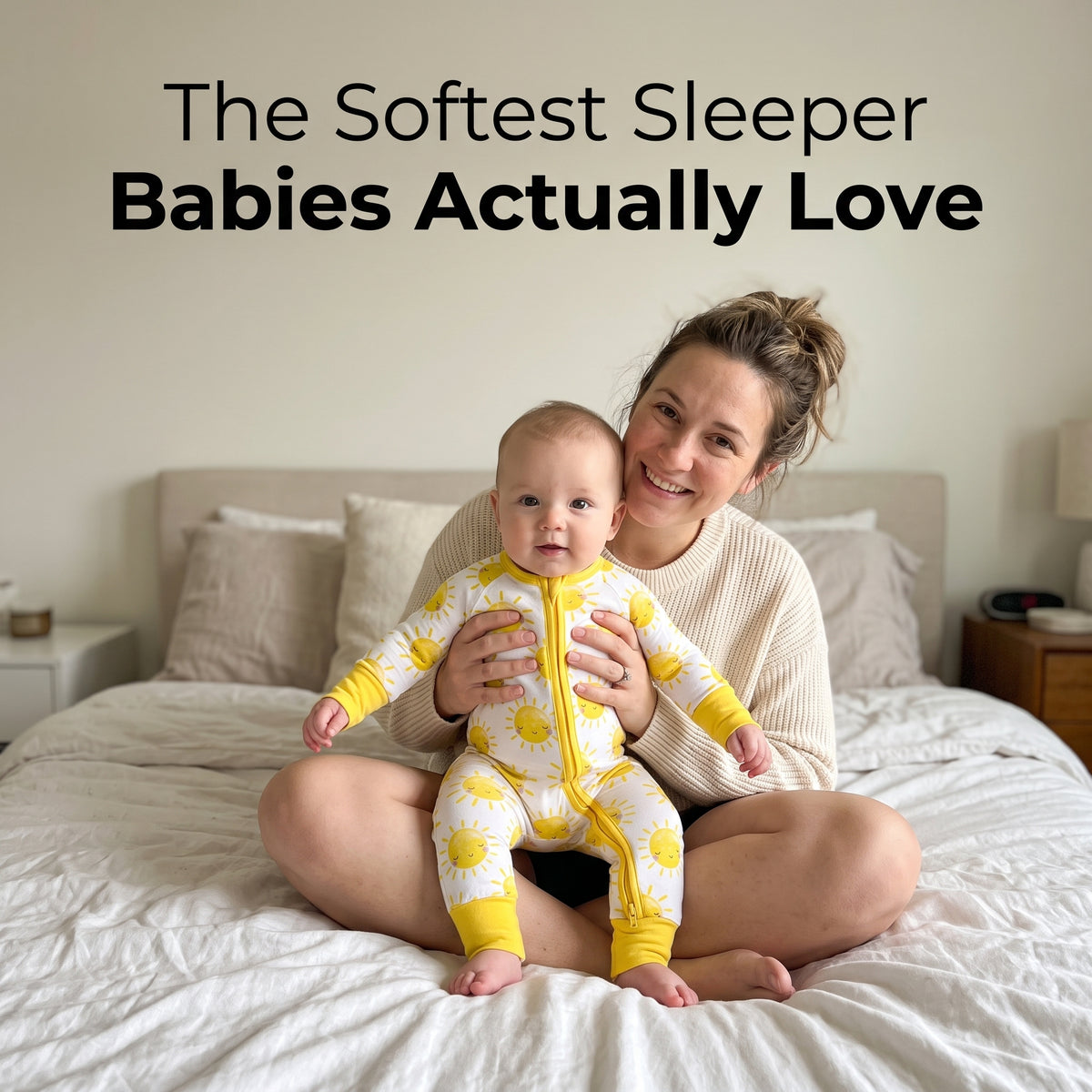 Mother sitting on a bed holding her baby in Sweet Sleep Sunshine Zippy pajamas