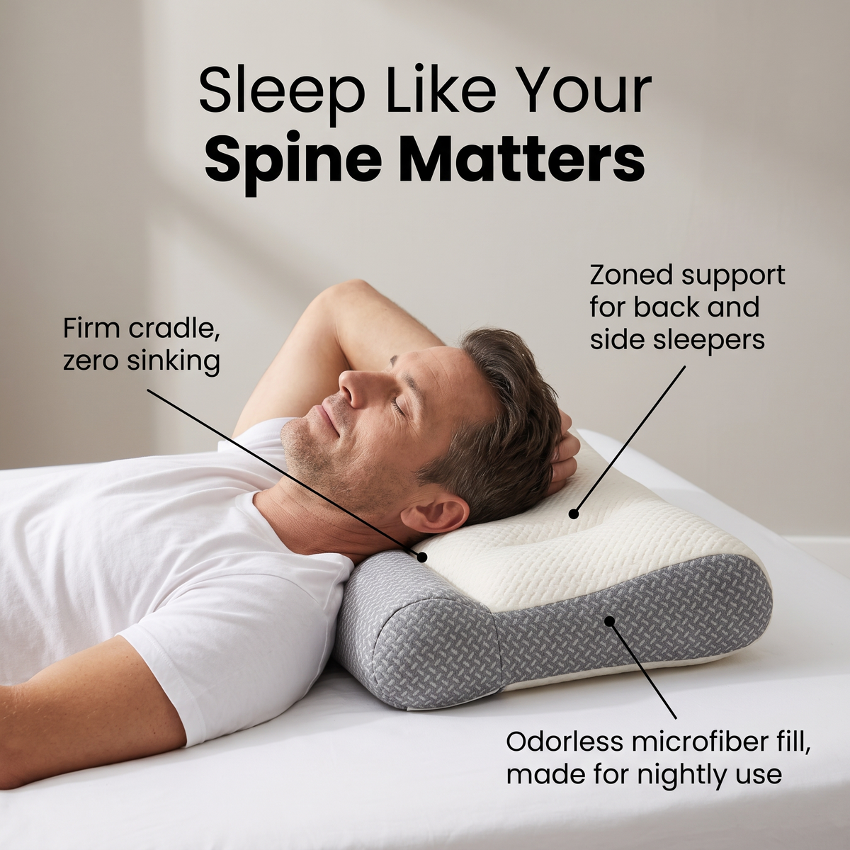 Man lying on his back on a Sweet Sleep Cervical Contour Pillow with feature callouts