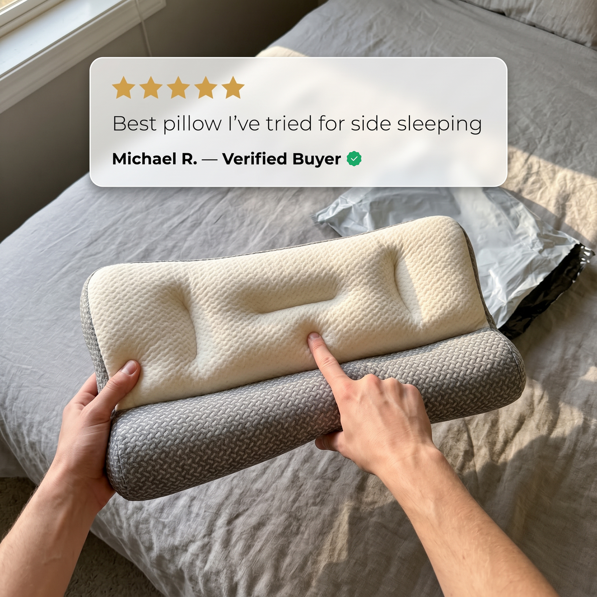 Hands pressing the center of a Sweet Sleep Cervical Contour Pillow with a customer review