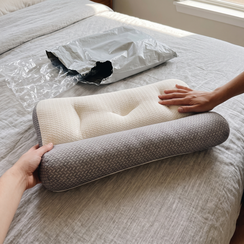Hands smoothing a Sweet Sleep Cervical Contour Pillow on a bed